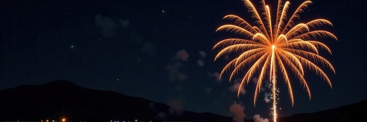 Golden firework bursts, glittering trails against inky black night sky , magic, shine, light