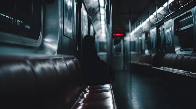 A lone passenger sits in a dark empty subway train car during a quiet urban journey