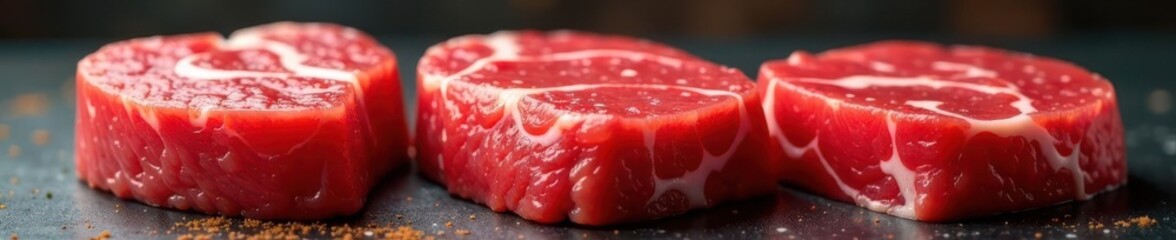 Obraz premium Three raw beef steaks, close-up, marbled texture, rich red , photography, grill
