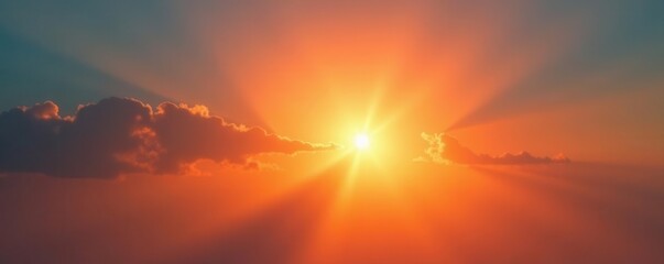 Fototapeta premium Vibrant orange sunburst, glowing light flares in a clear sky , intense, hot
