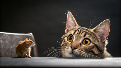 A tabby cat stares intently at a small brown mouse on a table, its eyes wide with curiosity and anticipation, ready to pounce on its unsuspecting prey