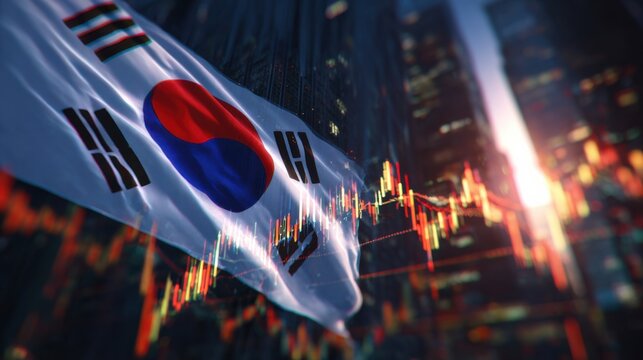 South Korea flag with stock market background showcasing economic activities at dusk in a cityscape