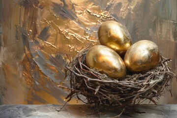 Golden eggs resting in a bird's nest symbolize financial security, savings growth, and long term investment strategies
