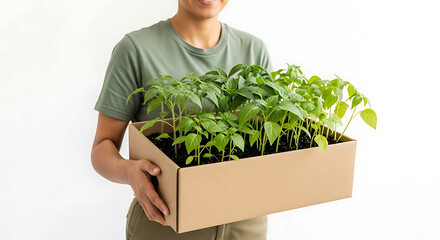 Happy individual holding a cardboard box filled with vibrant green plant seedlings, ready for spring planting, symbolizing new growth and sustainable home gardening practices