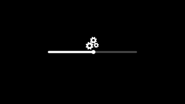 White Loading Bar at 0 to 100 Percent on Black Background. Abstract animated loading screen with gears icon and a progress bar. animated circle loading gif video icon. Wheel loading concept icon.
