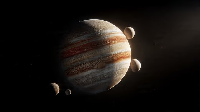 A detailed view of the gas giant Jupiter with several moons orbiting in the dark expanse of space - Powered by Adobe