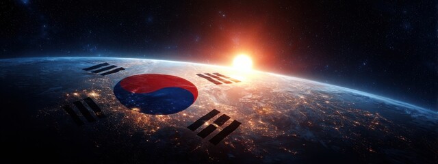 View of Earth from space with the South Korean flag displayed prominently during sunrise