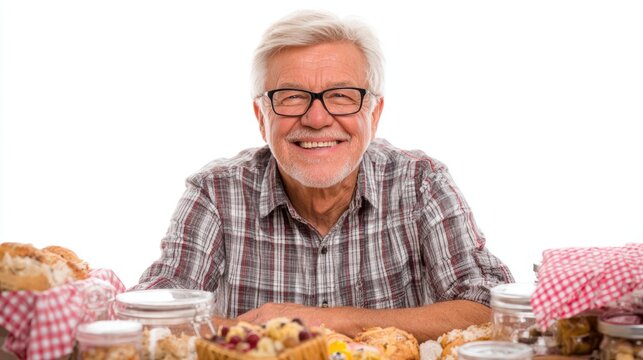Elderly man smiling while sitting at a table with baked goods