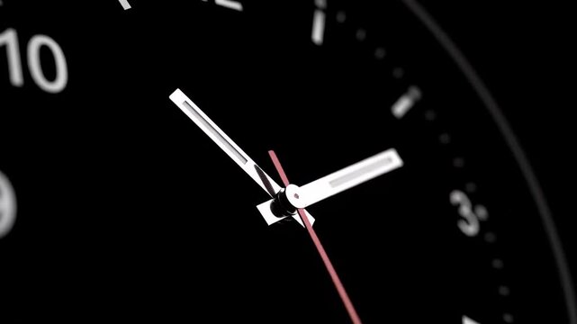 Close-up of a black analog clock face with white hands and a red second hand, showing the passage of time.