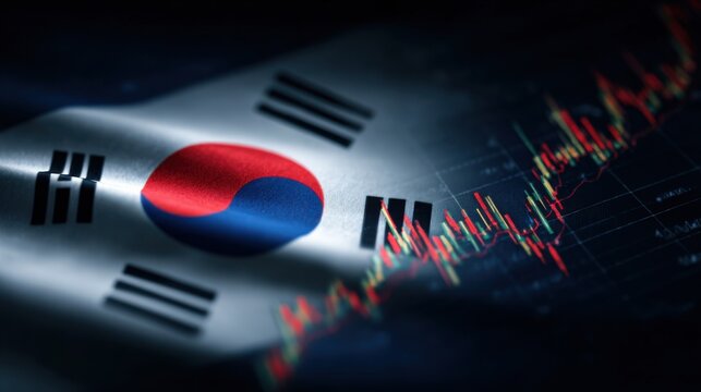 Waving South Korean flag with stock market graphs in the background during analysis of economic trends
