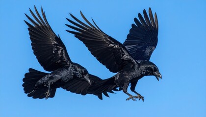 Two Black Ravens in Flight Against a Clear Blue Sky