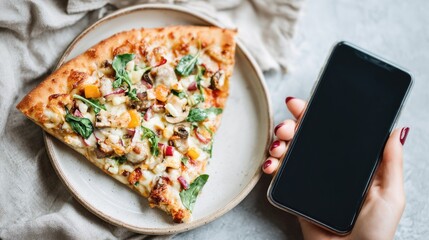 Slice of pizza on plate with smartphone in hand on textured background