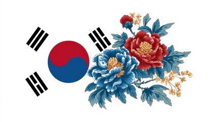 South Korean flag design featuring colorful flowers and traditional symbols in a harmonious arrangement