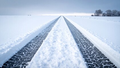 Snow-covered winter road sprinkled with salt for melting ice, textured tire tracks visible, cold weather maintenance and safety concept under overcast sky background