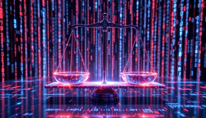 A glowing holographic balance scale composed of fine laser grids suspended over a carbon fiber table