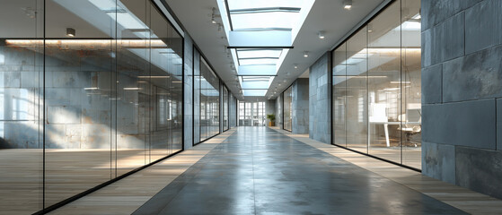 Contemporary office corridor with polished floors, sleek glass partitions, and empty wall zones ideal for copy, branding, or creative text placement