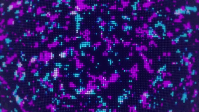 Hi tech motion graphic background, blue and purple flickering dots on dark background