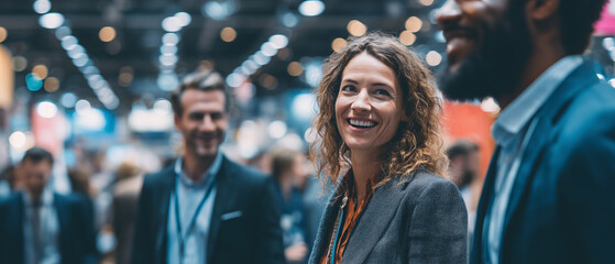 Diverse professionals networking near modern expo display counter with brochures, wide overhead lighting, and clean background for text or branding overlay