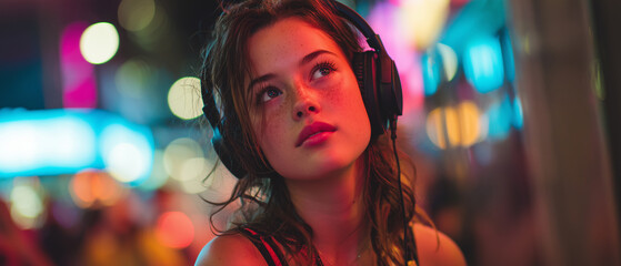Teenager listening to music with headphones in neon-lit urban night scene, vibrant city background with copy space on the left for text or design