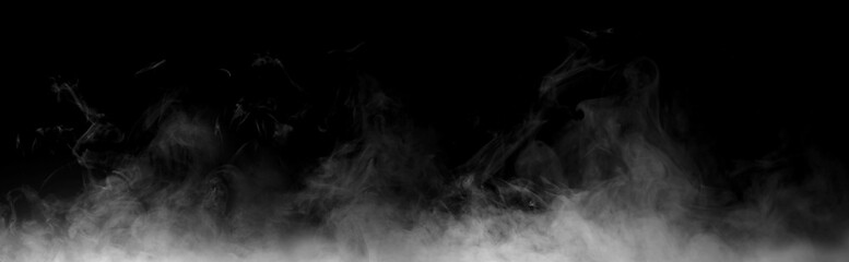White smoke or fog isolated on black background for design elements, abstract texture, vapor effect, and atmospheric background for creative or cinematic use