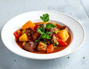 Hearty stew in a white bowl, featuring meat, vegetables, and herbs