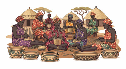African Women Crafting Baskets in Village Community Handcraft Tradition