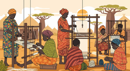 African Women Weaving Traditional Cloth On Looms In Village Setting