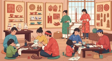 Artisans At Work Demonstrating Traditional Crafts In An Exhibition Hall