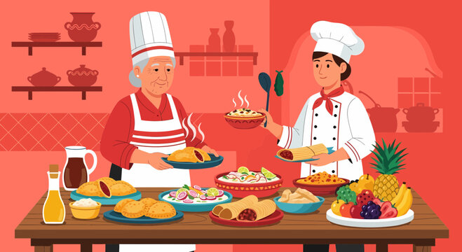 Chefs Presenting Delicious Traditional Latin American Dishes On Table