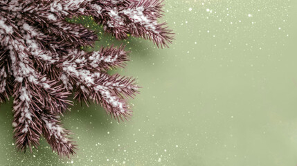Snowy Pine Branch with Sparkles on Green Background for Christmas and New Year Designs