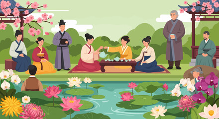 Elegant Hanfu Gathering At A Picturesque Lotus Pond In Ancient China
