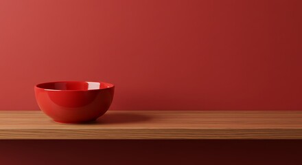 A simple red bowl rests on a wooden shelf against a warm red background, creating a minimalist and elegant composition
