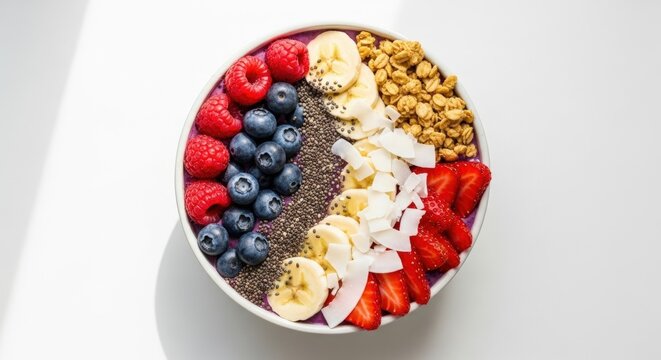 A vibrant and appetizing smoothie bowl is presented from a top-down perspective, showcasing a rich purple base generously topped with an array of fresh ingredients. The bowl features distinct sections