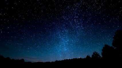 Fototapeta premium A vast expanse of twinkling stars filling the deep blue night sky above dark silhouetted trees and hills