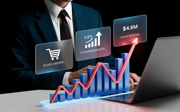 Businessman analyzing sales data using a laptop with holographic charts and online shopping metrics to visualize financial growth.
