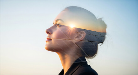 Woman and Solar Panels, Double Exposure
