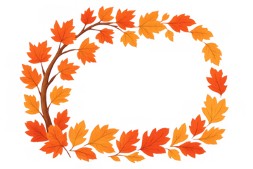 Autumn leaves border creating an oval frame with fall foliage, seasonal background illustration