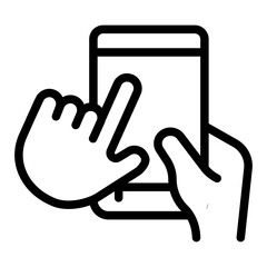 Mobile phone upright in hand line icon, using smartphone concept, touch screen with index finger sign on white background, outline style for mobile web design. Vector graphics.