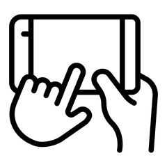 Smartphone horizontally in hand line icon, using gadget concept, touchscreen phone with index finger sign on white background, outline style for mobile web design. Vector graphics.