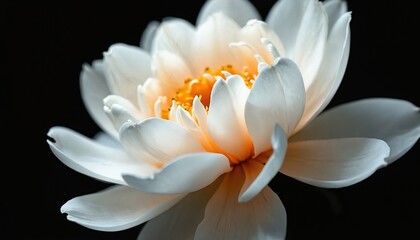 Fototapeta premium Close up shot of white flower. Floral blossom on black background shows petals and golden center. This macro image presents detailed soft elegant nature design.