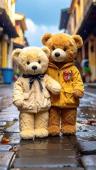 Two Teddy Bears in Raincoats on a Wet Cobblestone Street