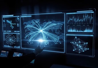 Woman hand interacting with global network display. Digital world map showing data connection lines. Future big data analysis dashboard.