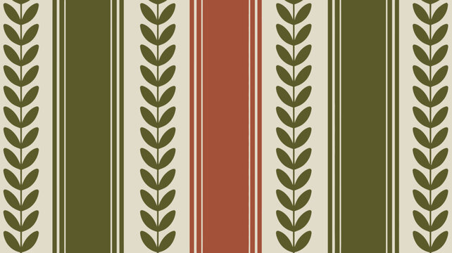 A vertical striped pattern with olive green and red stripes and leaf patterns on a cream background