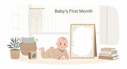 Bohemian Scene With Baby And Photo Frame For First Month Milestone