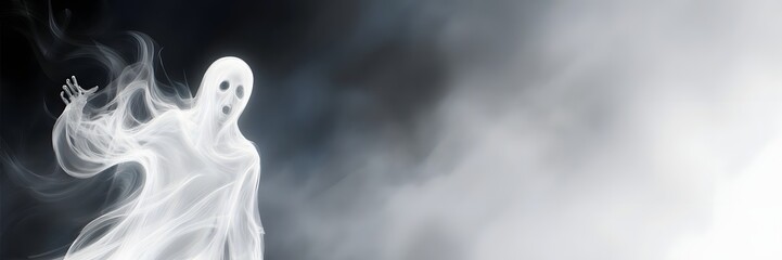 A spooky ghost with a screaming face emerges from the dark. Ethereal horror illustration for a Halloween banner. Supernatural concept with copy space