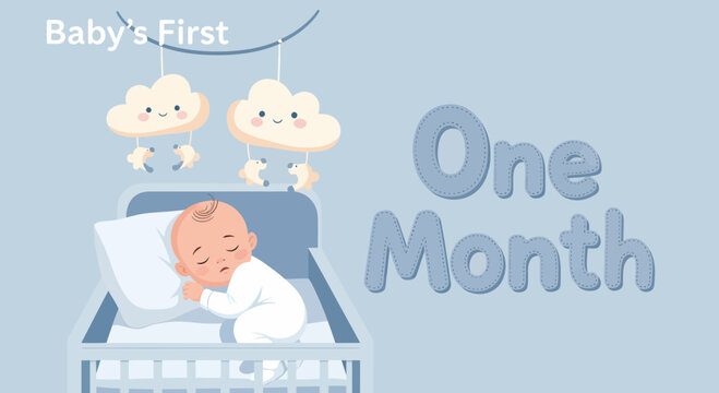 One Month Milestone Of Newborn With Decorative Cloud Mobile
