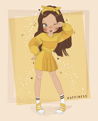 A charming girl in a bright yellow outfit is joyfully posing, reflecting happiness and fun. This playful illustration embodies the vibrant and cheerful spirit of youth and style.