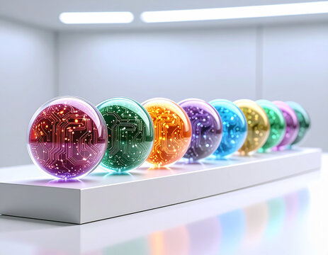 A row of colorful glowing spheres, each exhibiting internal circuitry