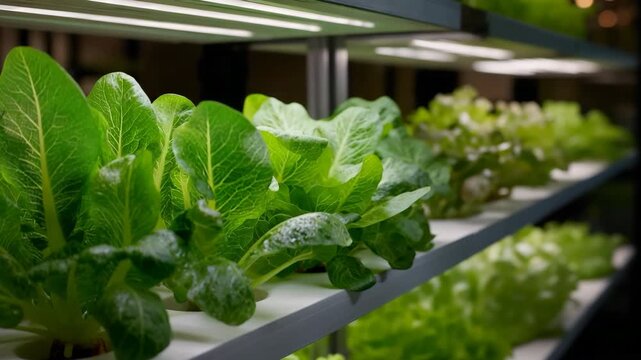 Lush indoor hydroponic lettuce garden under led lights