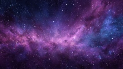 A vast expanse of swirling purple and blue cosmic dust clouds speckled with countless bright stars
